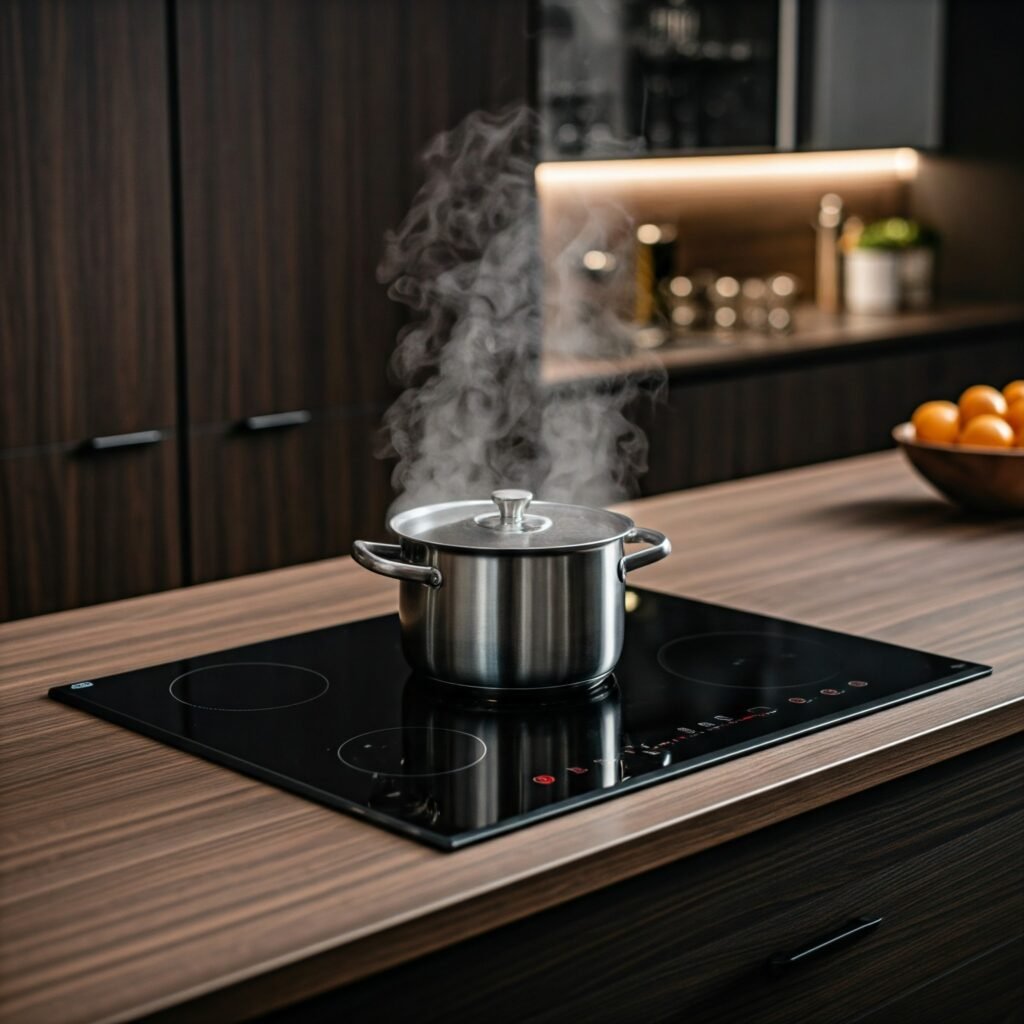 Stainless steel pot on an induction stove with steam